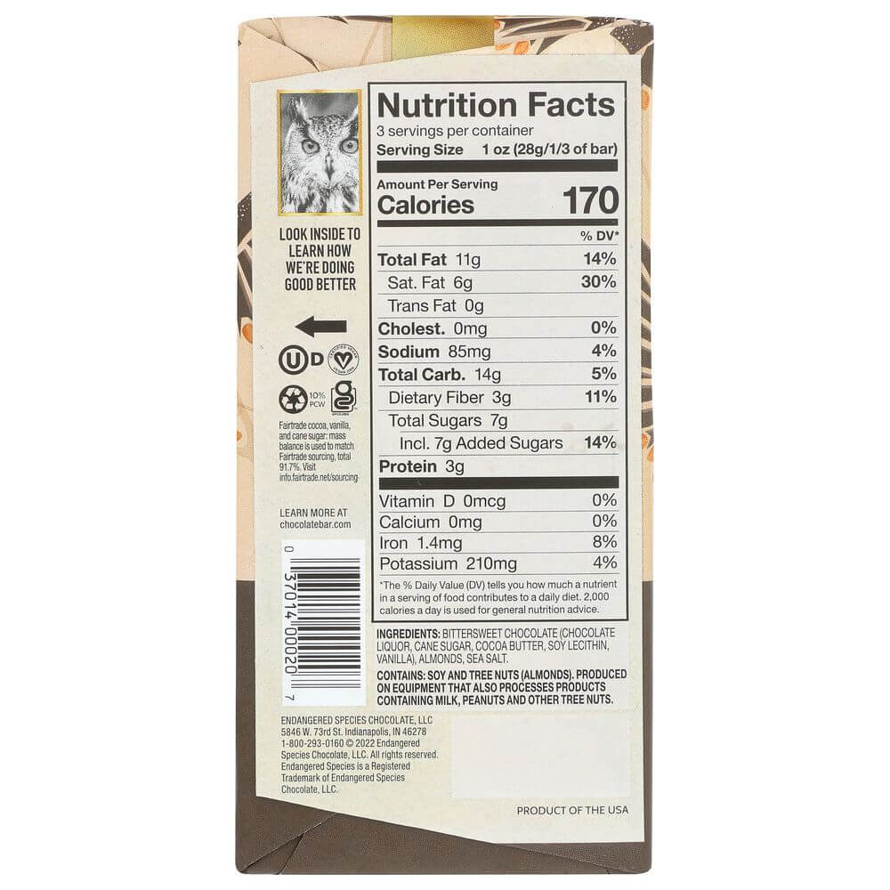 ENDANGERED SPECIES: Natural Dark Chocolate with Sea Salt & Almonds, 3 oz - Baking Redefined