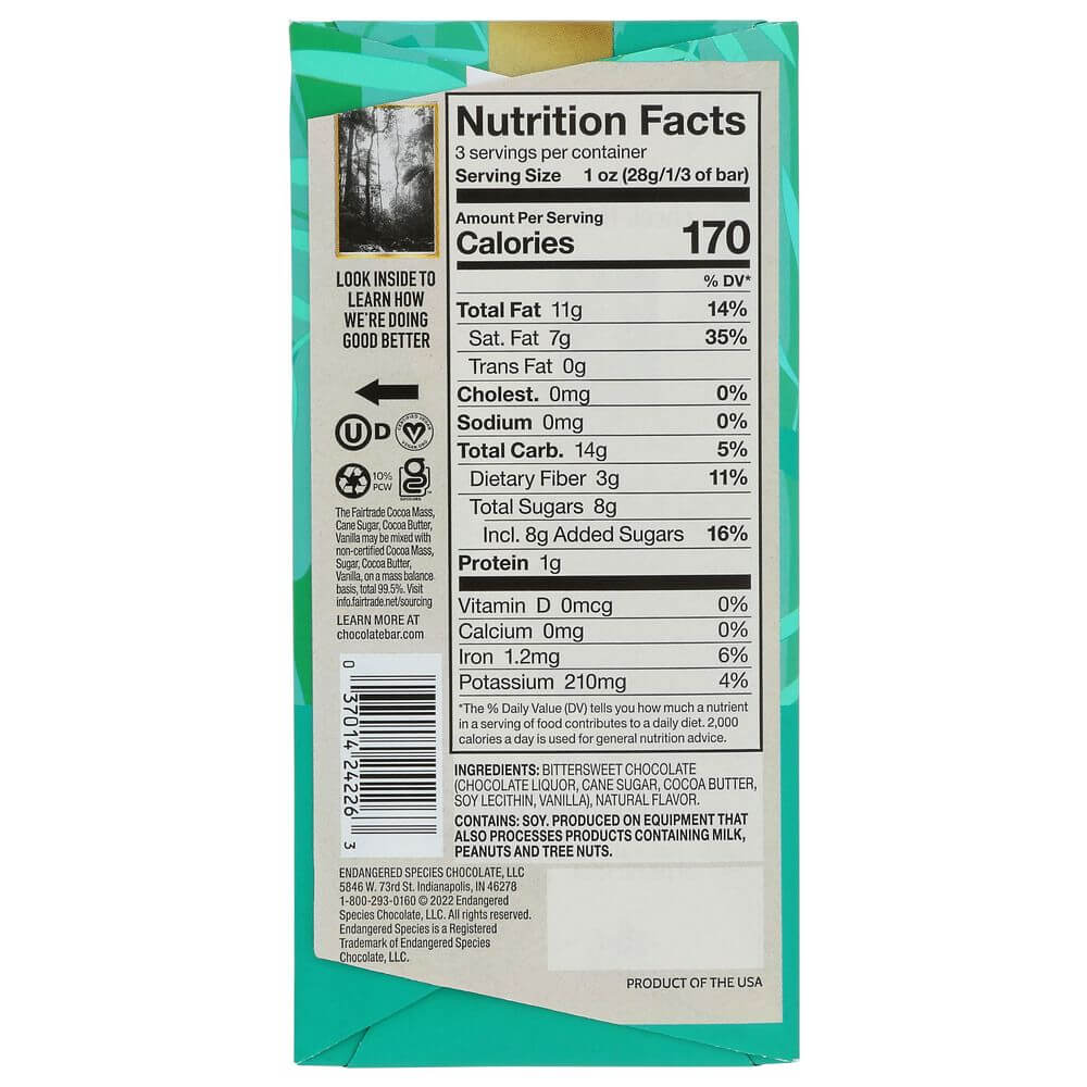 ENDANGERED SPECIES: Natural Dark Chocolate Bar with Forest Mint, 3 oz - Baking Redefined