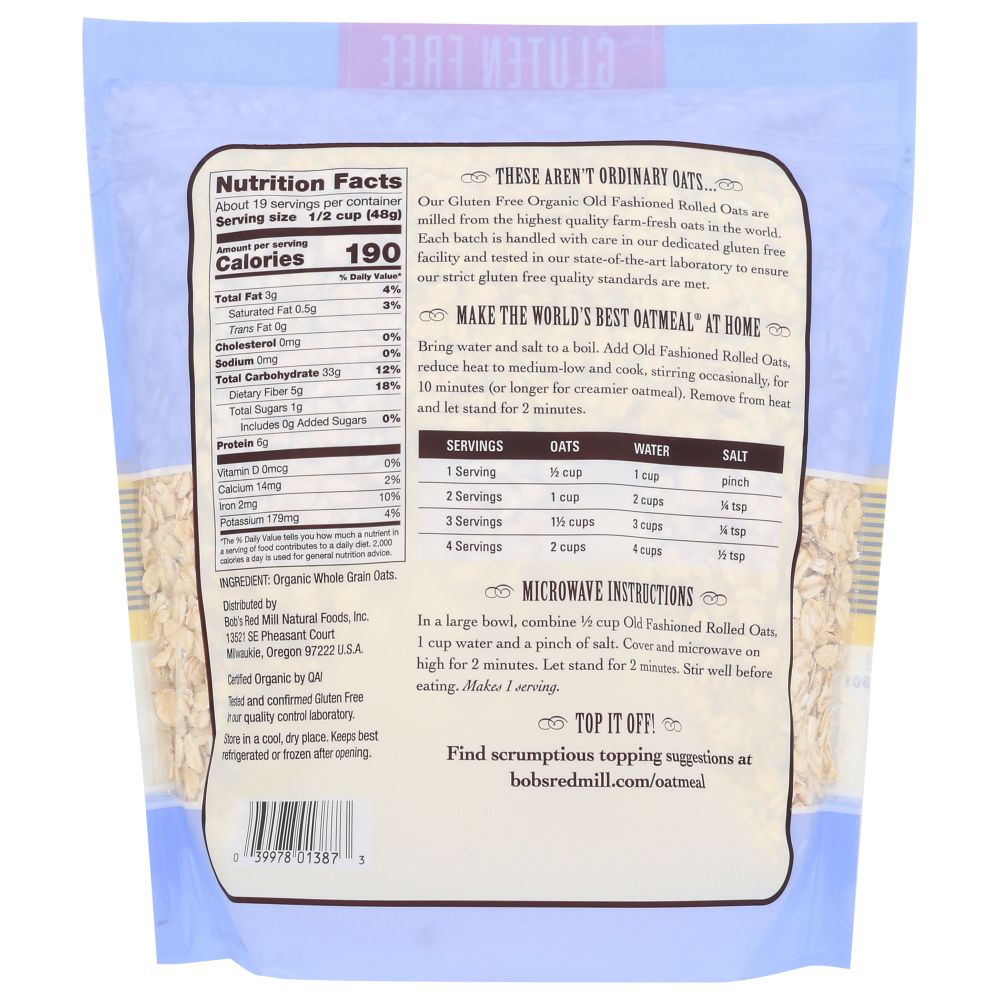 BOBS RED MILL: Gluten Free Organic Old Fashioned Rolled Oats, 32 oz - Baking Redefined