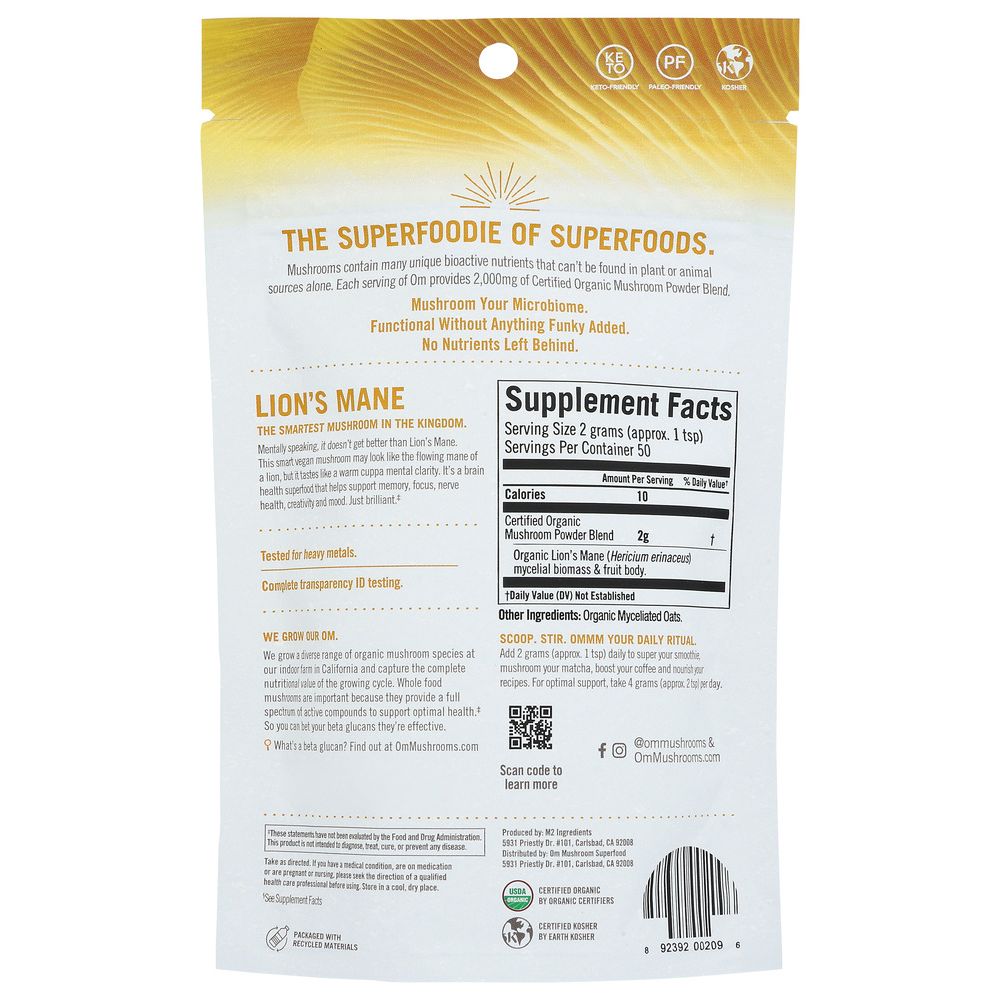 OM ORGANIC MUSHROOM NUTRITION: Lions Mane Mushroom Supplement Powder, 100 gm - Baking Redefined