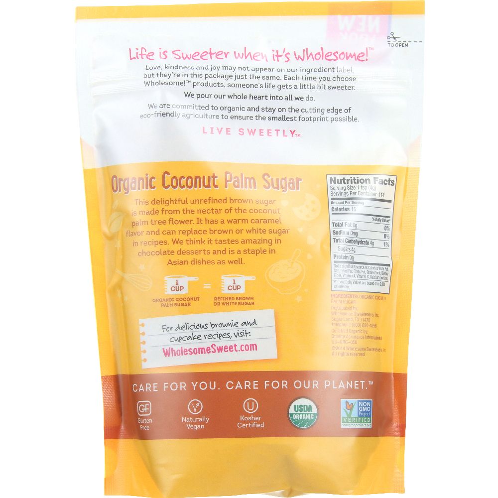 WHOLESOME SWEETENERS: Organic Coconut Palm Sugar, 16 oz