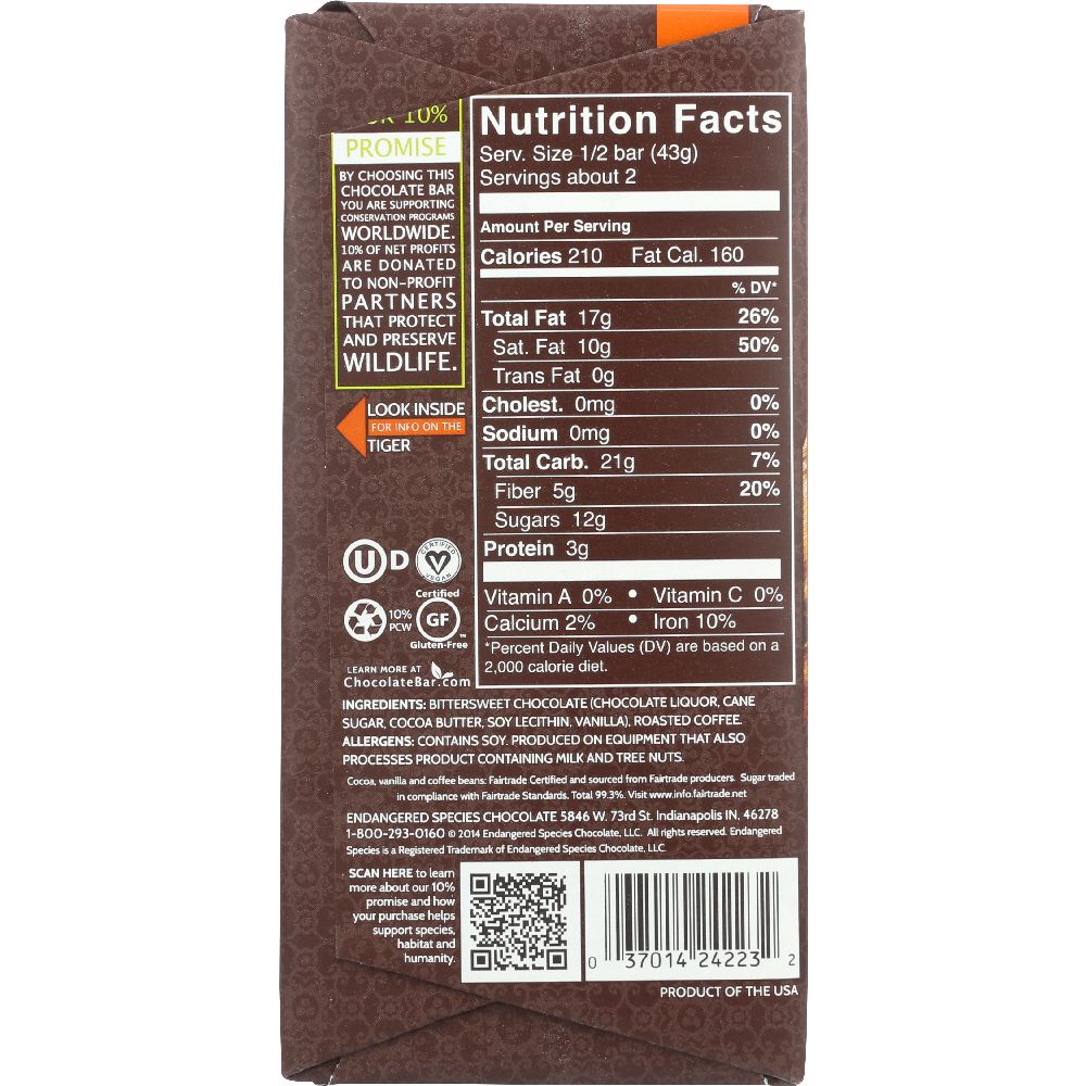 ENDANGERED SPECIES: Natural Dark Chocolate Bar with Espresso Beans, 3 oz