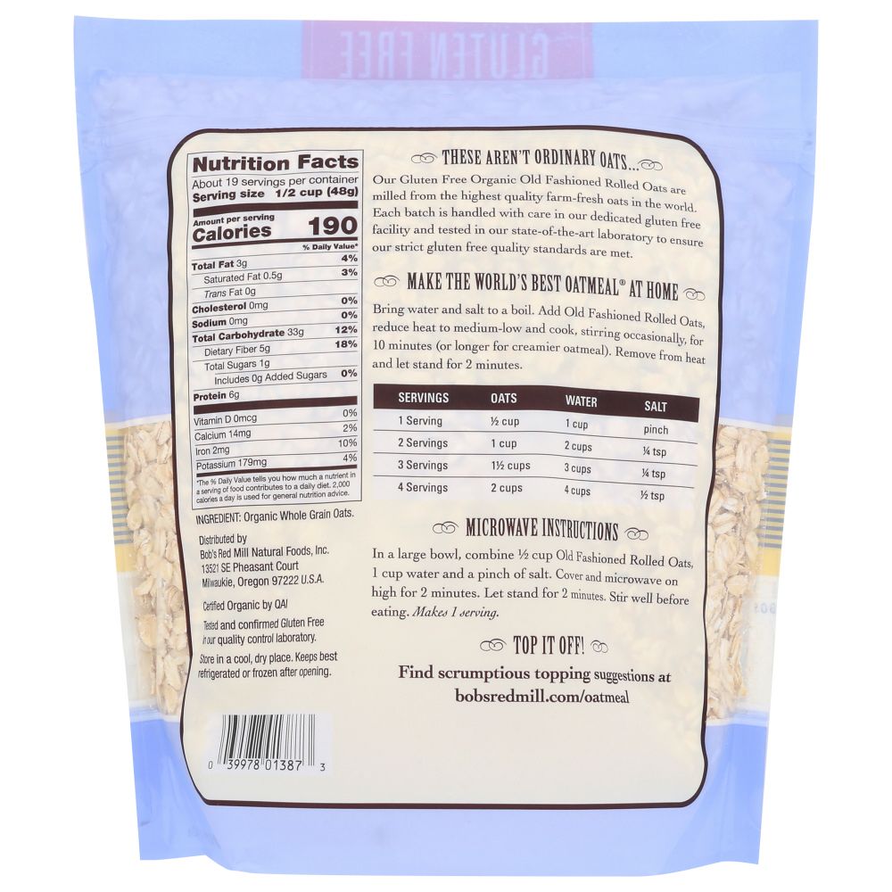 BOBS RED MILL: Gluten Free Organic Old Fashioned Rolled Oats, 32 oz