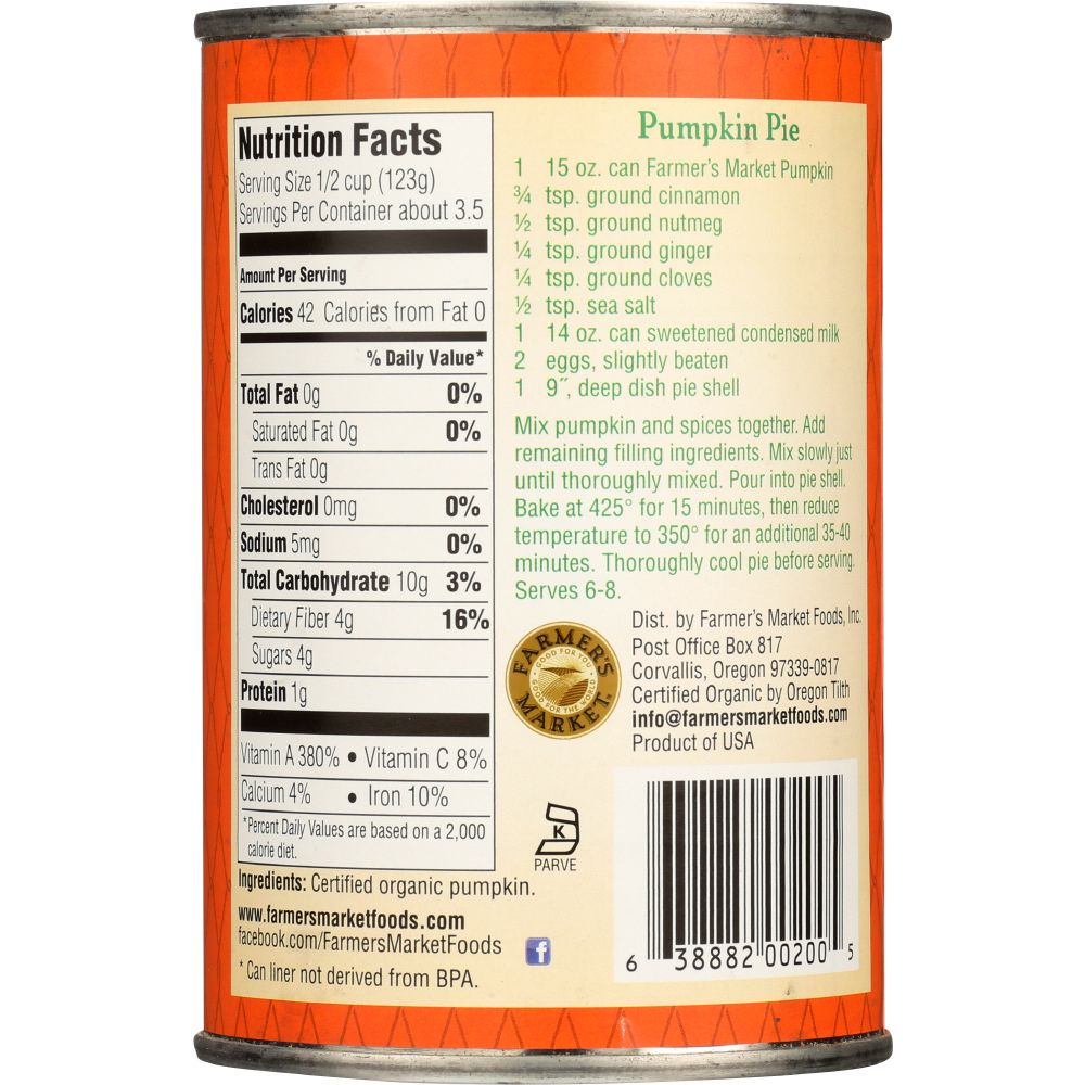 FARMERS MARKET FOODS: Organic Canned Pumpkin, 15 oz