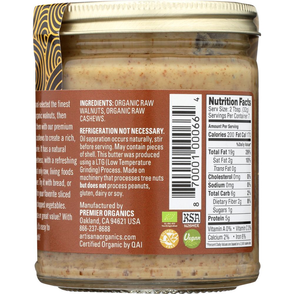 ARTISANA: 100% Organic Raw Walnut Butter with Cashews, 8 oz